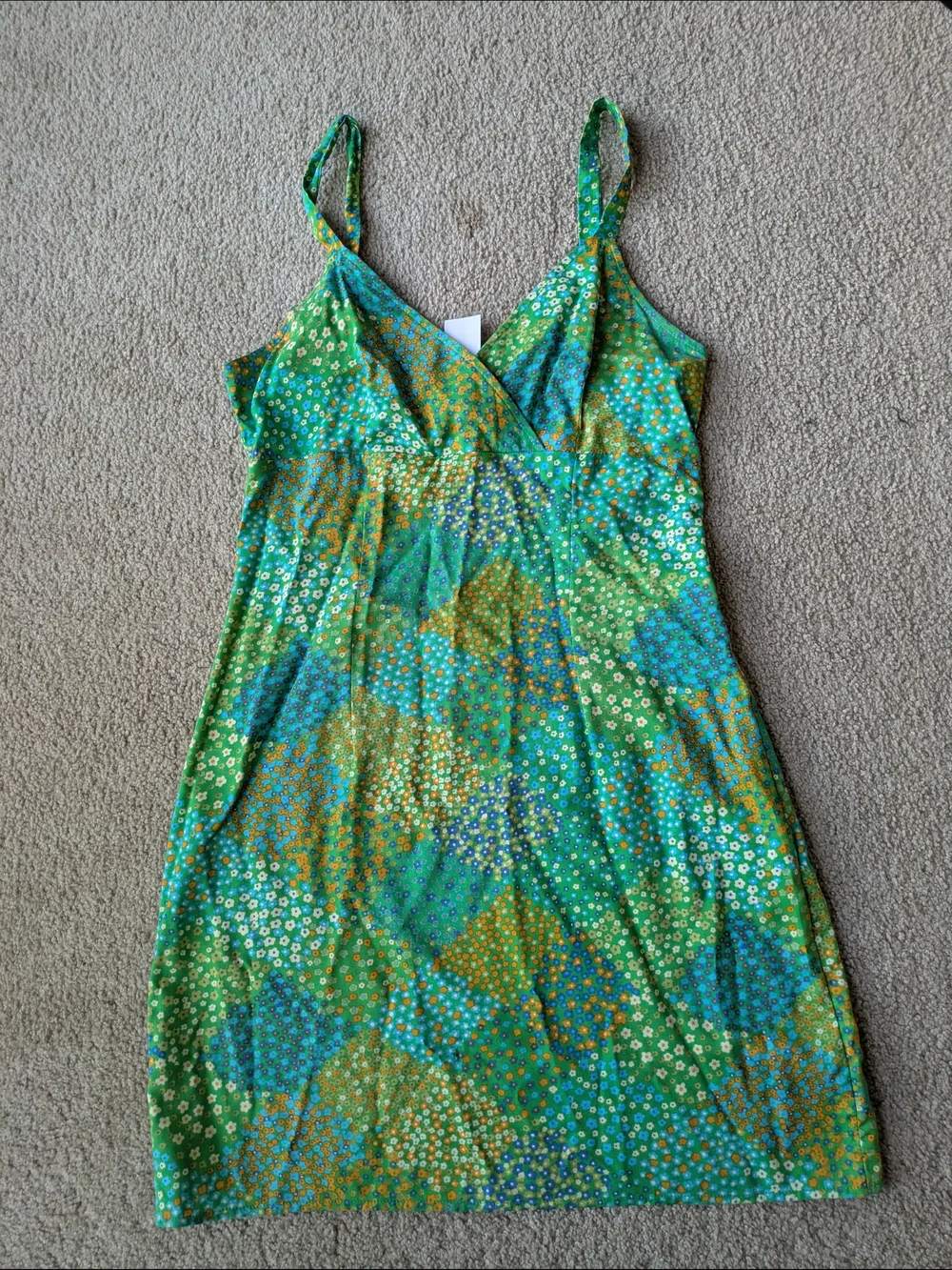 Aqua Blues Spring Summer Vintage Green Floral Mini Sundress - Picture 1 of 9